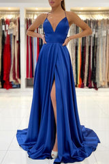 Sexy Royal Blue Stretch Satin Ruffles High Split Evening Dresses