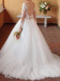 Sexy See-Through Ball Gown Wedding Dress V-neck Tulle 3/4 Sleeve Bridal Gowns in Color with Chapel Train