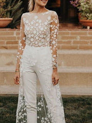 Sexy See-Through Jumpsuits A-Line Wedding Dress Jewel Lace Satin Long Sleeves Modern Bridal Gowns with Sweep Train