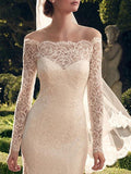 Sexy See-Through Mermaid Wedding Dress Off Shoulder Lace Long Sleeve Romantic Bridal Gowns Sweep Train