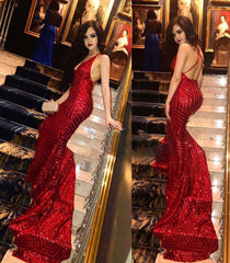 Sexy Sequined Red V-Neck Prom Dresses | Backless Mermaid Evening Dresses