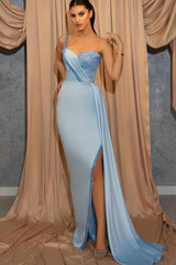 Sexy Sky Blue Sweetheart One Shouleder Sheath Prom Dresses with Slit