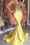 Sexy Sleeveless Stretch Beaded Appliques V-neck Mermaid Yellow Prom Dress