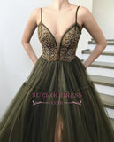 Sexy Slit Sleeveless Appliques Party Dresses | Green Spaghetti-straps Tulle Prom Dresses