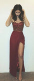 Sexy Slit Sweetheart Evening Dress Burgundy Long Prom Dresses BO9616