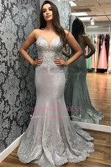 Sexy Spaghetti-Strap Mermaid Prom Dresses | Grey Appliques V-Neck Sexy Prom Dresses