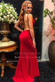 Sexy Spaghetti-Straps Backless Evening Dress | Burgundy Sleeveless Mermaid Prom Dress