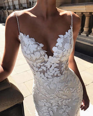 Sexy Spaghetti-Straps Lace Appliques Wedding Dress Mermaid Bridal Gowns