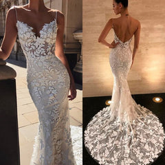 Sexy Spaghetti-Straps Lace Appliques Wedding Dress Mermaid Bridal Gowns