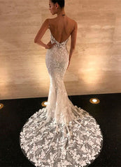 Sexy Spaghetti-Straps Lace Appliques Wedding Dress Mermaid Bridal Gowns