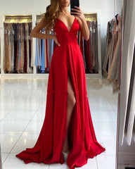 Sexy Spaghetti Straps Ruby Front-Split Ruffles Prom Dresses