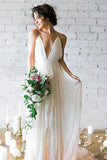 Sexy Spaghetti Straps V-neck Wedding Dress A-line Backless Floor Length Bridal Gowns