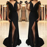 Sexy Split Black Formal Evening Dresses | V-neck Sheath Sexy Prom Dresses Online