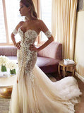 Sexy Strapless Mermaid Bride Dress Open Back Sweetheart Wedding Dress with Long Tulle Train