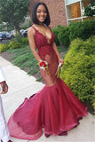 Sexy Straps Deep V-neck Burgundy Prom Dress | Mermaid Lace Appliques Evening Gowns