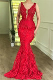 Sexy Straps Sleeveless Mermaid Prom Dresses | Red Lace V-Neck Party Dresses