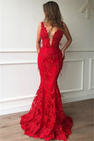 Sexy Straps Sleeveless Mermaid Prom Dresses | Red Lace V-Neck Party Dresses