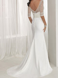 Sexy Two Piece A-Line Wedding Dresses Jewel Lace Tulle Half Sleeve Bridal Gowns See-Through Backless Sweep Train