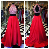 Sexy Two Piece Evening Gowns Halter Backless Prom Dress with Beads