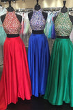 Sexy Two Piece Evening Gowns Halter Backless Prom Dress with Beads