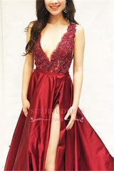 Sexy V-Neck Appliques Slit Prom Dresses | Burgundy Sleeveless A-Line Party Dresses