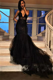 Sexy V-Neck Mermaid Black Prom Dresses Tulle Sequins Evening Gowns SK0126