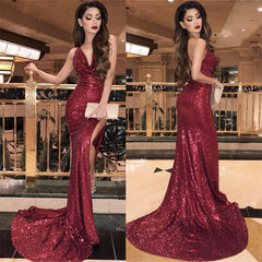 Sexy V-Neck Sleeveless Mermaid Prom Dresses | Sequins Front Split Sweep Train Evening Gown