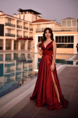 Sexy V-neck Burgundy Charmeuse Slit Backless Prom Dress Online