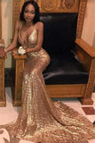 Sexy V-neck Gold Sequin Prom Dress | Spaghetti Straps Long Train Sparkling Evening Dress