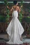 Sexy V-neck Mermaid Wedding Dresses Long Unique Lace Ope Back Tulle Straps Bridal Gowns