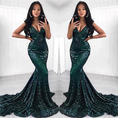 Sexy V-neck Shiny Dark Green Sequins Evening Dresses | Mermaid Court Train Prom Dresses