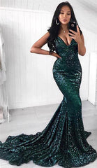 Sexy V-neck Shiny Dark Green Sequins Evening Dresses | Mermaid Court Train Prom Dresses