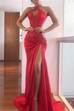 Sheath Applique Halter Slit Sexy Red Prom Dresses