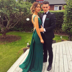 Sheath Backless Dresses Prom Elegant Scoop Green Peals Evening Dress