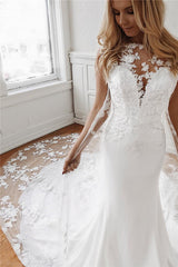 Sheath Jewel Glamorous Appliques Sleeveless Cathedral-Train Wedding Dresses