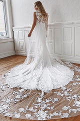 Sheath Jewel Glamorous Appliques Sleeveless Cathedral-Train Wedding Dresses