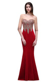 Sheath Round Neck Floor-Length Burgundy Prom Dress With Applique On Sale