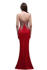 Sheath Round Neck Floor-Length Burgundy Prom Dress With Applique On Sale