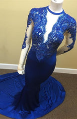 Sheath Scoop Royal-Blue Lace Long-Sleeve Appliques Tulle Sheer Prom Dress