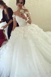 Sheer Long Sleeve Scoop Ball Gown Wedding Dresses Flowers Tulle Bride Dress with Buttons