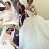 Sheer Long Sleeve Scoop Ball Gown Wedding Dresses Flowers Tulle Bride Dress with Buttons