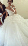 Sheer Long Sleeve Scoop Ball Gown Wedding Dresses Flowers Tulle Bride Dress with Buttons