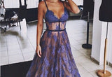 Sheer Purple Evening Dress Lace V-neck Prom Gowns with Spaghetti Straps CE033