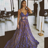 Sheer Purple Evening Dress Lace V-neck Prom Gowns with Spaghetti Straps CE033