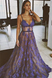 Sheer Purple Evening Dress Lace V-neck Prom Gowns with Spaghetti Straps CE033