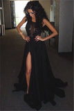 Sheer Top Sleeveless Side Slit Evening Dress Black Lace Sexy Prom Dresses BO8075