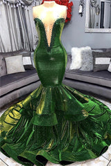 Sheer Tulle Mermaid Ruffles Sexy Beads Sleeveless Shiny Green Prom Dresses