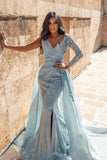 Shimmers Blue V-Neck Long-Sleeve Mermaid Floor-Length Elastic Woven Satin Prom Dresses