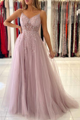 Shimmers Pink Spaghettistraps Sleeveless Column Tulle Floor-Length Prom Dresses with Beadings