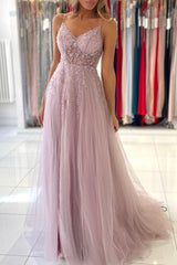 Shimmers Pink Spaghettistraps Sleeveless Column Tulle Floor-Length Prom Dresses with Beadings